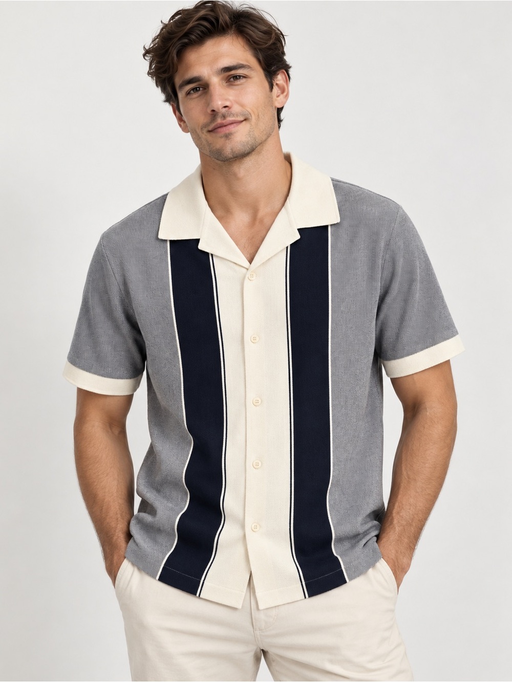 Banana Republic Gray, Navy & Cream Short Sleeve Button-Down Shirt